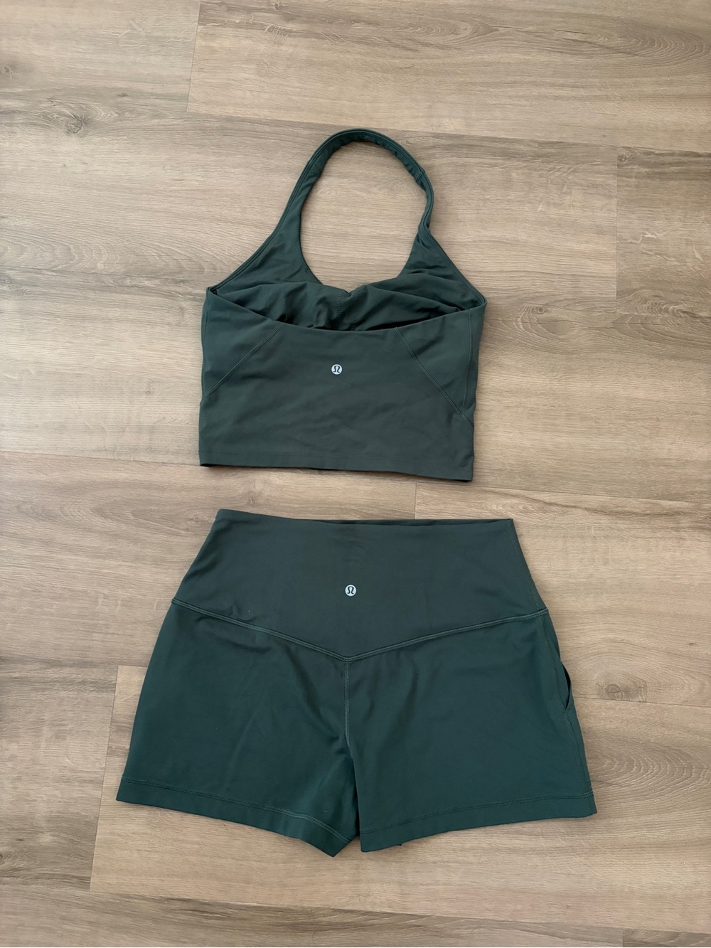 Lululemon Deep Forest Green Align Halter Crop & High-Waist Classic Shorts Set - Picture 2 of 4